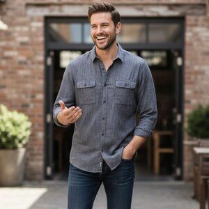 Marc Anthony Blue Luxury Fabric Slim-Fit Long Sleeves Button-Down Shirt, XL
